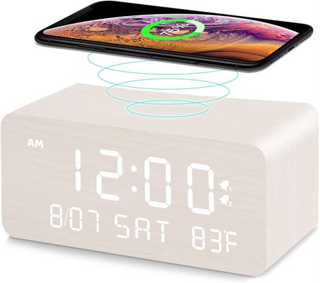 Wooden Digital Alarm Clock with Wireless Charging, 0-100% Adjustable Brightness