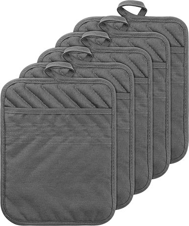 5Pack Pocket Pot Holders Cotton Heat Resistant Gray