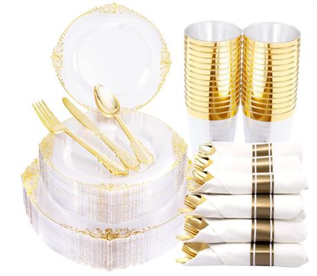 Hioasis 350PCS Clear Gold Plastic Plates - Gold Disposable Plates, 150 Guest Set