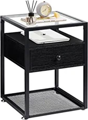 VECELO Nightstands Black End Tables with Drawer, Glass Top