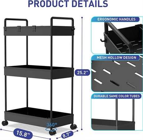 3 Tier Utility Rolling Cart with Wheels Lash Cart Organizer