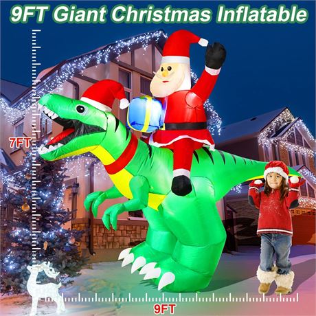 9FT Long Christmas Inflatables with LED Lights Santa Ride on Dinosaur