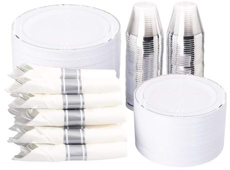 WELLIFE 350Pcs Silver Plastic Plates with Disposable Silverware and Cups