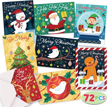 JOYIN Christmas Cards Colorful 72 Greeting Cards Collection with Envelopes