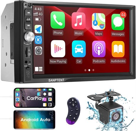 Double Din Car Stereo Radio Compatible w/ Carplay and Android Auto, 7"