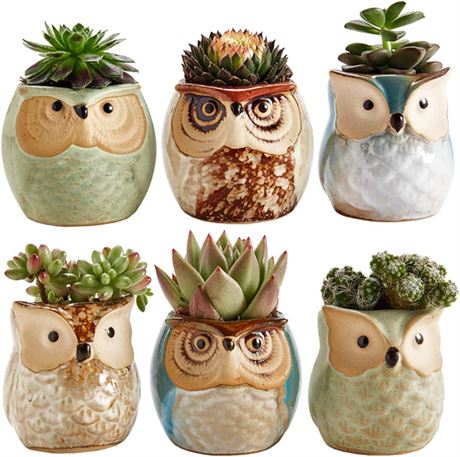 SUN-E SE Owl Pot Ceramic Flowing Glaze Base Serial Set 6pcs 2.5 Inch