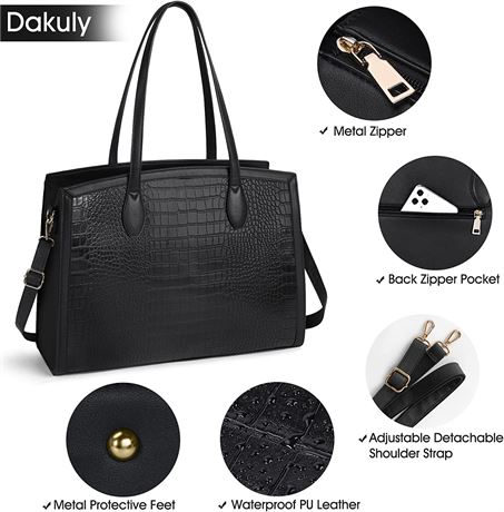 Laptop Bag for Women 15.6 Inch Waterproof Black Crocodile Pattern