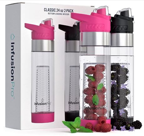 Infusion Pro 24 oz Fruit Infuser Water Bottle with Flavor Infuser, 2 Pack