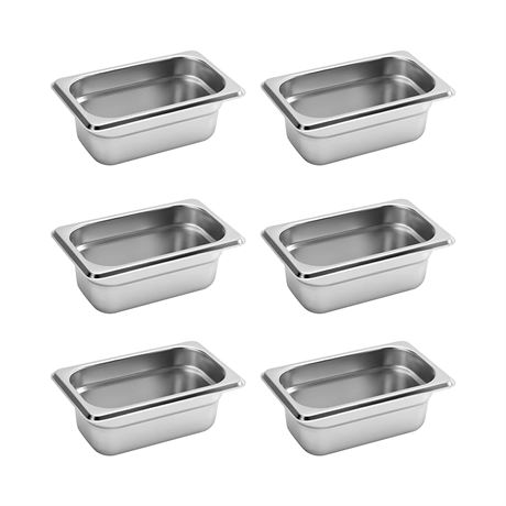 6 Pack Hotel Pans, 1/9 Size 2.6" Deep, NSF, Commercial Stainless Steel Pan