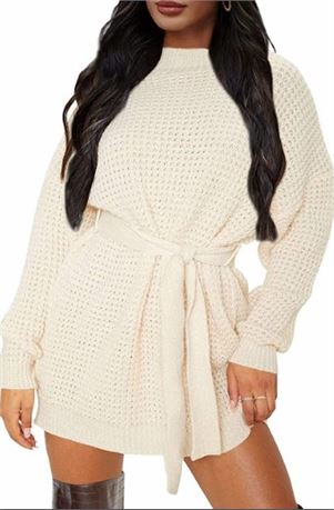 ZESICA Women's Long Sleeve Waffle Knitted Tie Waist Tunic Pullover Dress, M