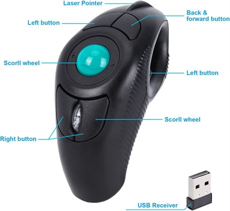 Wireless USB Handheld Finger Trackball Mouse with Laser Pointer