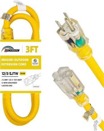 12 Gauge 3 Prong SJTW Heavy Duty Yellow Extension Cable