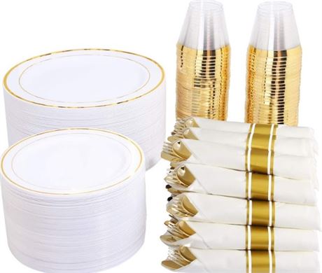 WELLIFE 350 Pieces Gold Plastic Plates with Disposable Silverware and Cups