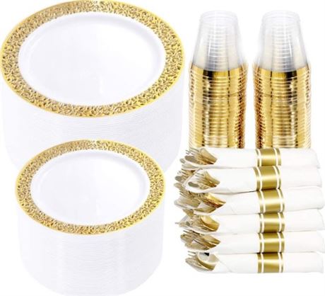 WELLIFE 350 Pieces Gold Plastic Plates with Disposable Silverware and Cups