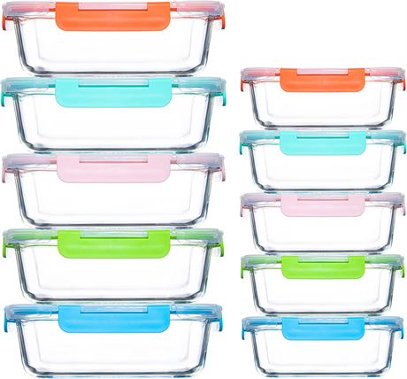 10 Pack Glass Food Storage Containers w/Airtight Lids, Leak-Proof Meal Prep