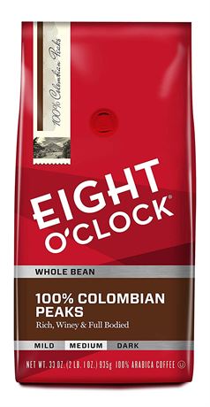 Eight O'Clock Whole Bean Coffee, 100% Colombian Peaks, 33OZ EXP 2/2023