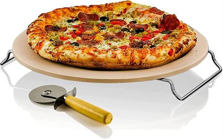 Ceramic Flat 13 Inch Pizza Stone Set with Crust Cutter Wheel & Metal Rack