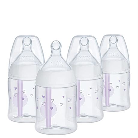 NUK Smooth Flow 5oz Baby Bottle, 4-Pack, Girl/Hearts