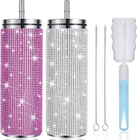 Tessco 20-Ounce Rhinestone Bottles with Lid/Straw, 2-Pack, Silver/Pink