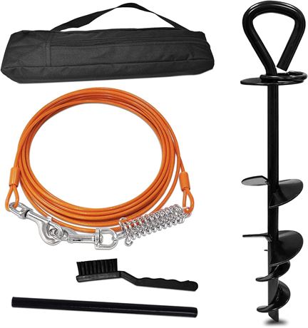 Dog Tie Out Cable and Triangle Stake - 30 Ft Heavy Leash Orange