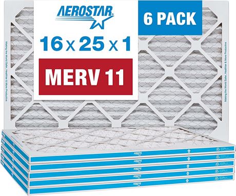 Aerostar 16x25x1 MERV 11 Pleated AC Furnace Air Filter, 6 Pack