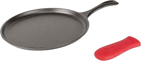 Lodge Cast Iron Round Griddle with Red Silicone Hot Handle Holder, 10.5-inch