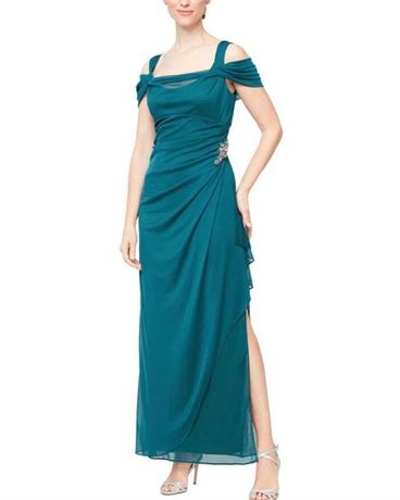 Alex Evenings Embellished Cold Shoulder Column Gown in Emerald Aqua, 14P