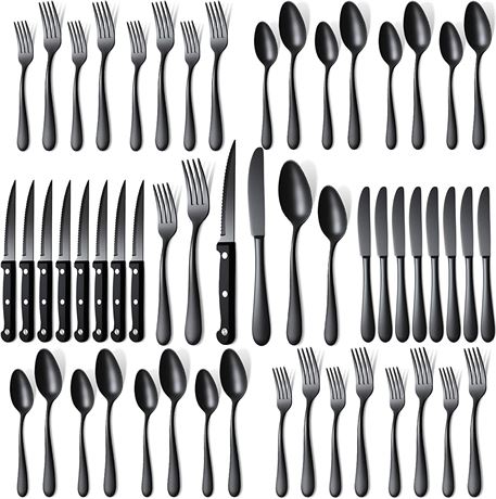 48Pcs Black Silverware Set with Steak Knives for 8