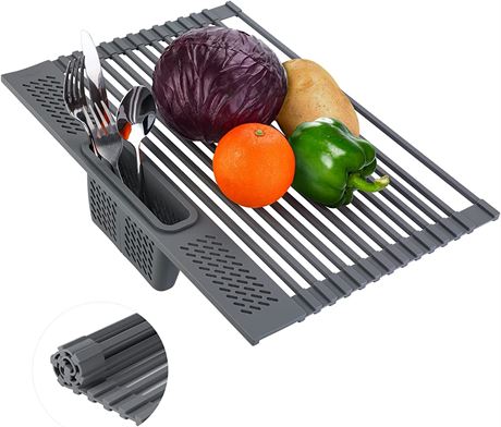 Multifunctional Rollable Over Sink Dish Rack with Utensil Holder