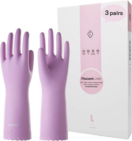 LANON 3 Pairs wahoo Dishwashing Cleaning Cotton Flocked Gloves, Medium