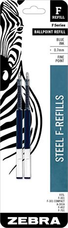 Zebra F-Series Ballpoint Stainless Steel Pen Refill, Fine Point, 0.7mm, Blue