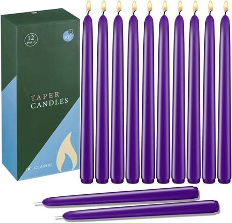 10 Inch Purple Taper Candles, Unscented Dripless, 8 Hours Burn