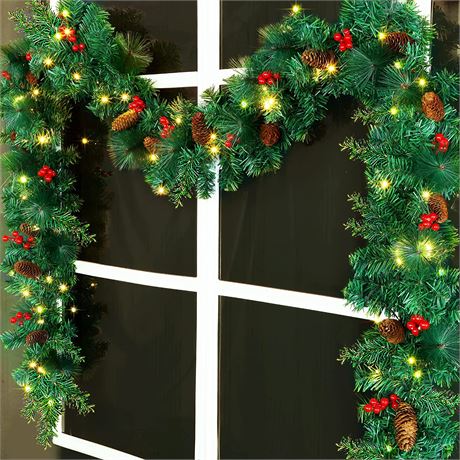 GUOOU 9 Foot Christmas Lighted Garland, Battery Operated Christmas Garland