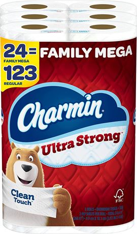 Charmin Ultra Strong Clean Touch Toilet Paper, 24 Family Mega Rolls