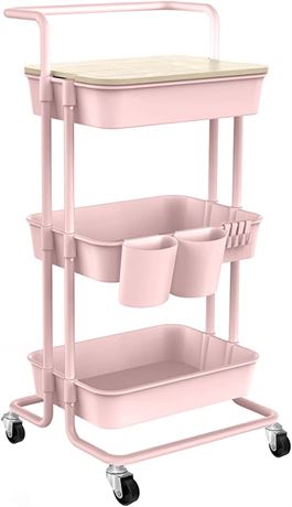 DTK 3 Tier Utility Rolling Cart with Cover Board, Pink