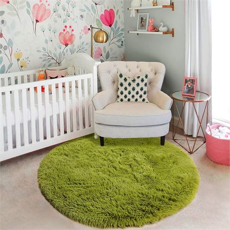 Grass Green Round Rug for Bedroom,Fluffy Circle Rug 4'X4'