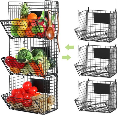 X-cosrack Metal Wire Basket Wall Mount, 3 Tier Wall Storage Basket