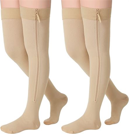 Sosation 2-Pair Zip-Up Compression Stockings, Medium, Beige