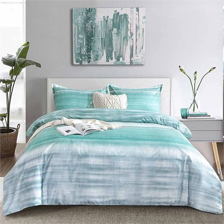 Nanko Queen Duvet Cover Set, Grey and Blue Teal Striped Print Pattern