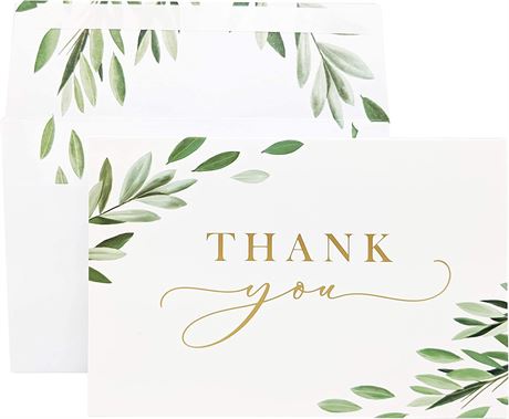 Gooji 4x6 Greenery Leaves Gold Foil Thank You Cards (Bulk 20-Pack)