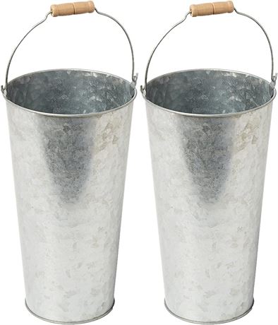 Large Galvanzined Silver Tin Bucket w/ Handle - 2PK