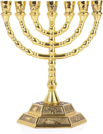 12 Tribes of Israel Menorah, (5 Inches, Gold)