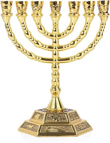 12 Tribes of Israel Menorah 7 Branch Jewish Candle Holder, Gold