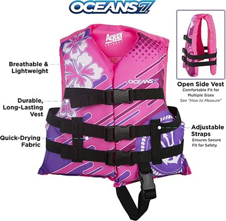 Oceans 7 Infant-Child-Youth Life Jacket Vest, Sizes for 8-90 lbs, Pink Berry