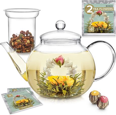 Teabloom Stovetop & Microwave Safe Glass Teapot (40 OZ)