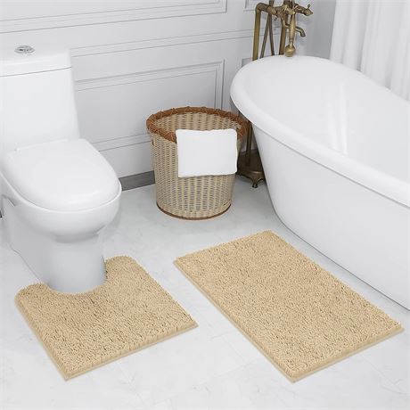 2-Piece Chenille Bathroom Mat with Toilet Contour Rug, Beige