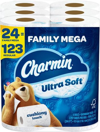 Charmin Ultra Soft Cushiony Touch Toilet Paper, 24 Family Mega Rolls