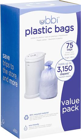 Ubbi Disposable Diaper Pail Plastic Bags, Value Pack, 75 Count, 13-Gallon Bags