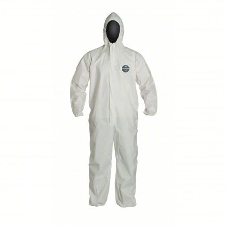 Hooded Disposable Coveralls: Microporous Film Laminate, Serged Seam, White, L