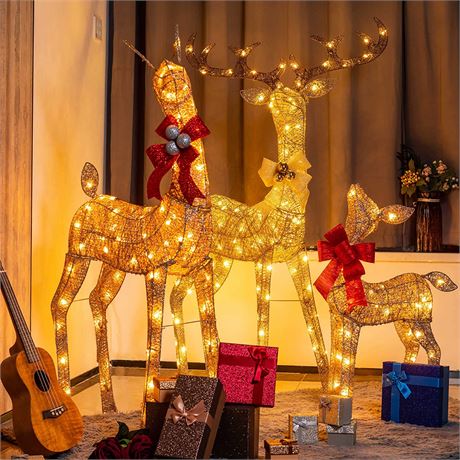 YULETIME 3-Piece Pre-lit Christmas Reindeer Family, White LED